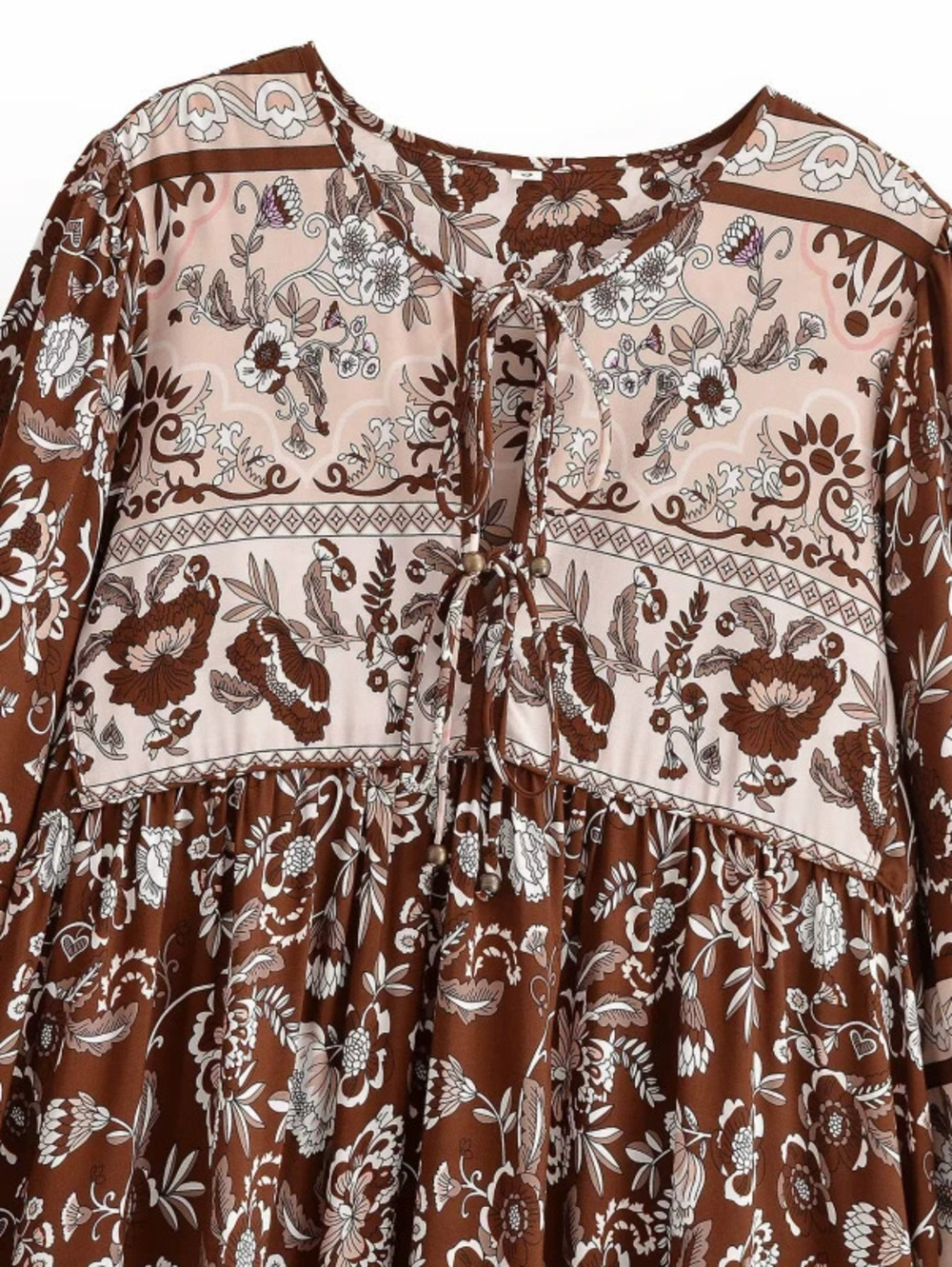 ZARA Printed Rayon Boho Tassel Long Sleeve Beach Dress